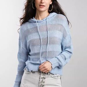 RtA Hooded‎ Sweater M Blue Open Knit Striped Girlhoodcore Streetwear Distressed